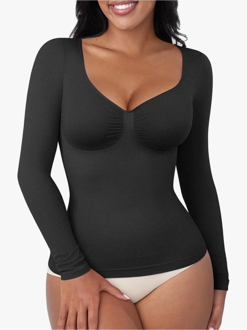 FeelinGirl Long Sleeve V-Neck Tummy Control Shapewear Top Black Seamless Shaper